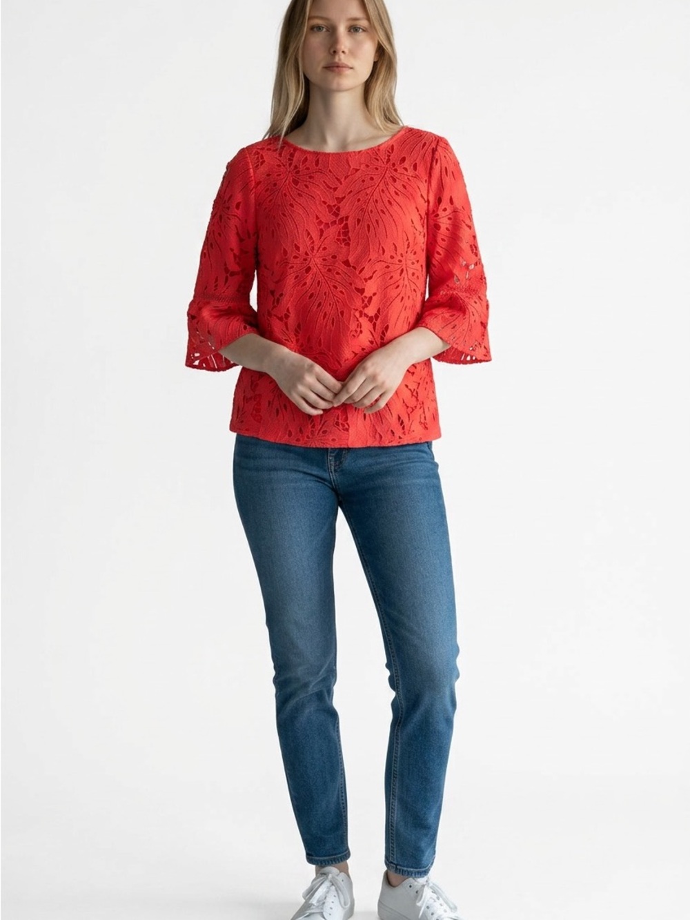 Talbots Red Lace Bell-Sleeve Blouse-size L